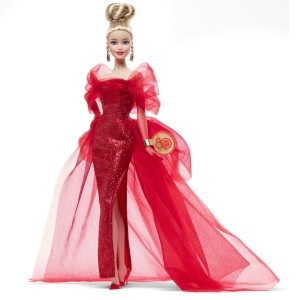 Barbie Signature Aniversare 80 De Ani Papusa Barbie Blonda Cu Rochie De Bal Rosie - Img 3