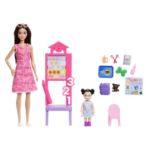 Barbie Set De Joaca Papusa Barbie Bruneta Cu Rochie Roz Face Cariera Profesoara - Img 3