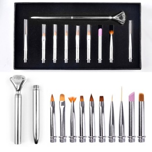 Nagelbürsten mit Reserven, Set mit 10 Stück mit Kristallen, Stifttyp, Silber