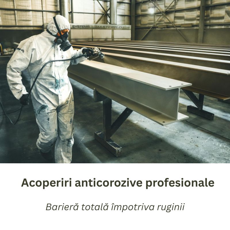 Aplicare grund epoxidic anticoroziv pe structură metalică industrială pentru protecție maximă.