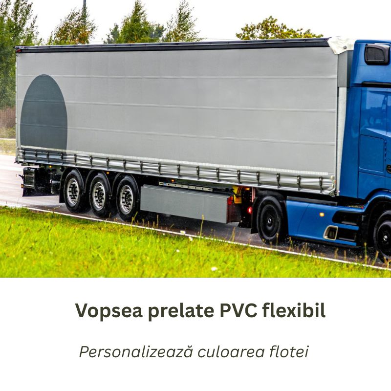 Vopsea elastică gri aplicată pe prelată de camion PVC flexibilă care nu crapă.