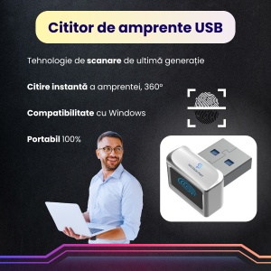 Cititor de amprente USB model U6, recunoastere instanta, citire 360°, pana la 10 amprente, securitate biometrica avansata, conectivitate USB, compatibil cu Windows si Android, design compact, carcasa metalica, instalare plug & play, gri - Img 2