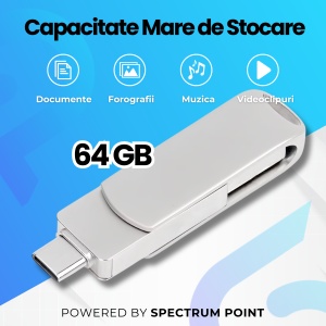 Memorie USB Dual Drive pentru Smartphone, Tablete si Calculatoare, 64 GB, USB 3.0, USB Type-C, Metal, Argintiu - Img 2