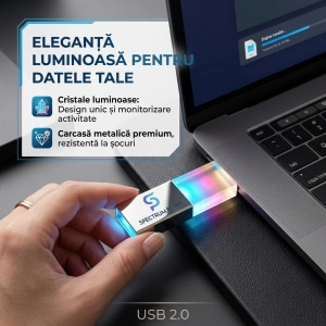 Stick USB / Memorie USB SpectrumPoint, capacitate 64 GB, USB 2.0, OTG, compatibil Laptop/ PC / Telefon Mobil / Tableta, Carcasa metalica cu cristale luminoase, Argintiu - Img 2