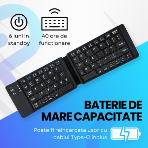 Tastatura Pliabila Universala, conectare Bluetooth, fara fir, compatibila Windows / Android / IOS / Sisteme PC / Laptop / Tableta, Negru - Img 4