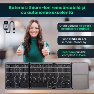 Tastatura pliabila universala cu touchpad integrat, Bluetooth 3.0, fara fir, ultra slim, compatibila cu Windows/Android/iOS/Smart TV, Negru - Img 4