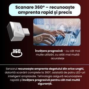 Cititor de amprente USB-C model U10, securitate avansata, carcasa metalica, recunoastere amprenta 360°, inregistrare pana la 10 amprente, portabil, compatibil Android si IOS, format compact, plug & play, gri - Img 3