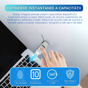 Stick USB 16 GB, USB 3.0 + Type-C, Criptare Amprenta, Recunoastere 360°, Carcasa Metalica, Compatibil Laptop si Telefon, Plug & Play, Argintiu - Img 4