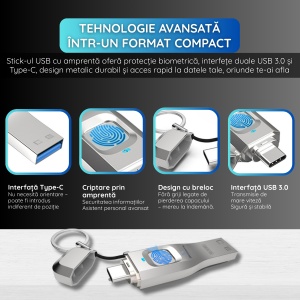 Stick USB 256 GB, USB 3.0 + Type-C, Criptare Amprenta, Recunoastere 360°, Carcasa Metalica, Compatibil Laptop si Telefon, Plug & Play, Argintiu - Img 6