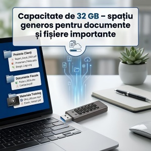 Stick USB cu Tastatura, 32 GB, USB 3.0, Criptare Hardware, Protectie Date cu Parola PIN, Stocare Securizata, Carcasa Metalica din Aliaj de Zinc, Rezistent, Gri - Img 2