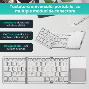 Tastatura pliabila universaa cu touchpad integrat, Bluetooth 3.0, fara fir, ultra slim, compatibila cu Windows/Android/iOS/Smart TV, Argintiu - Img 4