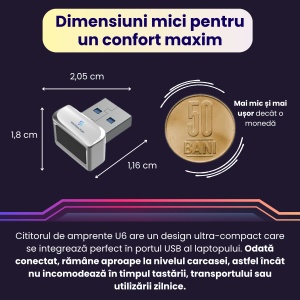 Cititor de amprente USB model U6, recunoastere instanta, citire 360°, pana la 10 amprente, securitate biometrica avansata, conectivitate USB, compatibil cu Windows si Android, design compact, carcasa metalica, instalare plug & play, gri - Img 6