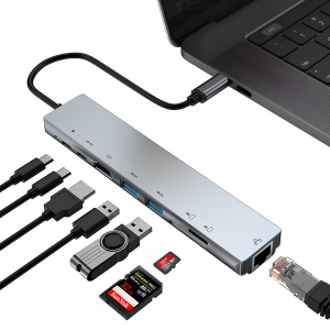 Hub Adaptor Multiport 8 in 1, USB-C 3.1, 4K HDMI Output, LAN RJ45 Ethernet (100 MB/S), 2 x USB 3.0, Power Delivery Port 87 W, TF si SD Card Reader, Docking Station pentru Laptop, MacBook Air/Pro, Chromebook, Tableta, Gri