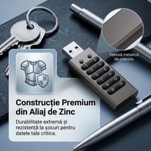 Stick USB cu Tastatura, 64 GB, USB 3.0, Criptare Hardware, Protectie Date cu Parola PIN, Stocare Securizata, Carcasa Metalica din Aliaj de Zinc, Rezistent, Gri - Img 5