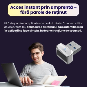 Cititor de amprente USB model U6, recunoastere instanta, citire 360°, pana la 10 amprente, securitate biometrica avansata, conectivitate USB, compatibil cu Windows si Android, design compact, carcasa metalica, instalare plug & play, gri - Img 3