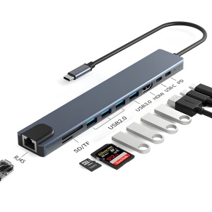 Hub Adaptor Multiport 10 in 1, USB-C 3.1, 4K HDMI Output, LAN RJ45 Ethernet (1000 MB/S), 3x USB 2.0, 1x USB 3.0, Power Delivery Port 87 W, TF si SD Card Reader, Docking Station pentru Laptop, MacBook Air/Pro, Chromebook, Tableta, Gri