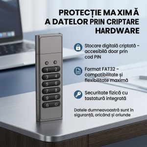 Stick USB cu Tastatura, 64 GB, USB 3.0, Criptare Hardware, Protectie Date cu Parola PIN, Stocare Securizata, Carcasa Metalica din Aliaj de Zinc, Rezistent, Gri - Img 2