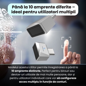 Cititor de amprente USB-C model U10, securitate avansata, carcasa metalica, recunoastere amprenta 360°, inregistrare pana la 10 amprente, portabil, compatibil Android si IOS, format compact, plug & play, gri - Img 4