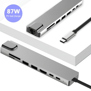 Hub Adaptor Multiport 8 in 1, USB-C 3.1, 4K HDMI Output, LAN RJ45 Ethernet (100 MB/S), 2 x USB 3.0, Power Delivery Port 87 W, TF si SD Card Reader, Docking Station pentru Laptop, MacBook Air/Pro, Chromebook, Tableta, Gri - Img 3
