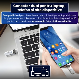 Stick de memorie 2 in 1 USB + Type-C 128GB, interfata duala, pentru telefon/laptop/PC/tableta, design metalic minimalist, performanta in transferuri, capac protectie, compatibil universal, portabil si rezistent, argintiu - Img 3