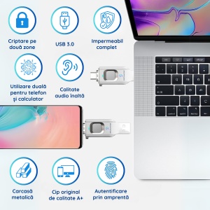 Stick USB 16 GB, USB 3.0 + Type-C, Criptare Amprenta, Recunoastere 360°, Carcasa Metalica, Compatibil Laptop si Telefon, Plug & Play, Argintiu - Img 5