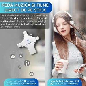 Stick USB 256 GB, 4-in-1 USB 3.0 + Type-C + MicroUSB + Lightning, Transfer Ultra Rapid, Plug & Play, Backup Foto si Video, Compatibil Android, iPhone, Laptop si Tableta, Carcasa Metalica, Rezistent la Apa, Socuri si Raze X, Argintiu - Img 6