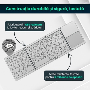Tastatura pliabila universaa cu touchpad integrat, Bluetooth 3.0, fara fir, ultra slim, compatibila cu Windows/Android/iOS/Smart TV, Argintiu - Img 5