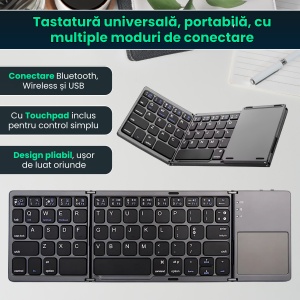 Tastatura pliabila universala cu touchpad integrat, Bluetooth 3.0, fara fir, ultra slim, compatibila cu Windows/Android/iOS/Smart TV, Negru - Img 2