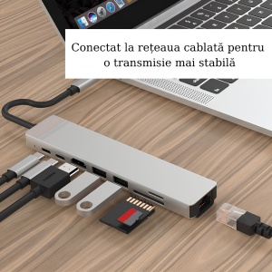 Hub Adaptor Multiport 10 in 1, USB-C 3.1, 4K HDMI Output, LAN RJ45 Ethernet (1000 MB/S), 3x USB 2.0, 1x USB 3.0, Power Delivery Port 87 W, TF si SD Card Reader, Docking Station pentru Laptop, MacBook Air/Pro, Chromebook, Tableta, Gri - Img 5