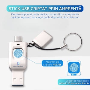 Stick USB 16 GB, USB 3.0 + Type-C, Criptare Amprenta, Recunoastere 360°, Carcasa Metalica, Compatibil Laptop si Telefon, Plug & Play, Argintiu - Img 2