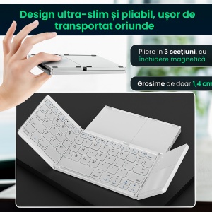 Tastatura pliabila universaa cu touchpad integrat, Bluetooth 3.0, fara fir, ultra slim, compatibila cu Windows/Android/iOS/Smart TV, Argintiu - Img 2