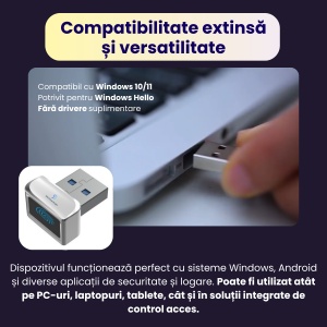 Cititor de amprente USB model U6, recunoastere instanta, citire 360°, pana la 10 amprente, securitate biometrica avansata, conectivitate USB, compatibil cu Windows si Android, design compact, carcasa metalica, instalare plug & play, gri - Img 4