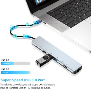 Hub Adaptor Multiport 6 in 1, USB-C 3.1, 4K HDMI Output, LAN RJ45 Ethernet (100 MB/S), 2 x USB 3.0, Power Delivery Port 87 W, Docking Station pentru Laptop, MacBook Air/Pro, Chromebook, Tableta, Gri - Img 3