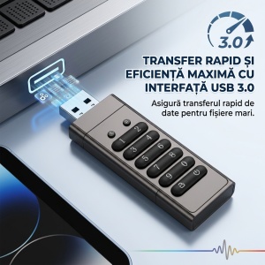 Stick USB cu Tastatura, 64 GB, USB 3.0, Criptare Hardware, Protectie Date cu Parola PIN, Stocare Securizata, Carcasa Metalica din Aliaj de Zinc, Rezistent, Gri - Img 3