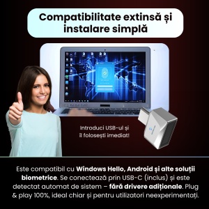 Cititor de amprente USB-C model U10, securitate avansata, carcasa metalica, recunoastere amprenta 360°, inregistrare pana la 10 amprente, portabil, compatibil Android si IOS, format compact, plug & play, gri - Img 5