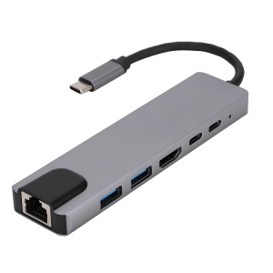 Hub Adaptor Multiport 6 in 1, USB-C 3.1, 4K HDMI Output, LAN RJ45 Ethernet (100 MB/S), 2 x USB 3.0, Power Delivery Port 87 W, Docking Station pentru Laptop, MacBook Air/Pro, Chromebook, Tableta, Gri