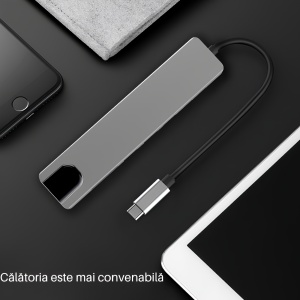Hub Adaptor Multiport 8 in 1, USB-C 3.1, 4K HDMI Output, LAN RJ45 Ethernet (100 MB/S), 2 x USB 3.0, Power Delivery Port 87 W, TF si SD Card Reader, Docking Station pentru Laptop, MacBook Air/Pro, Chromebook, Tableta, Gri - Img 4
