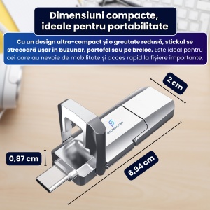 Stick de memorie 2 in 1 USB + Type-C 128GB, interfata duala, pentru telefon/laptop/PC/tableta, design metalic minimalist, performanta in transferuri, capac protectie, compatibil universal, portabil si rezistent, argintiu - Img 4