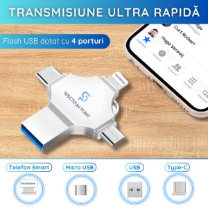 Stick USB 1 TB, 4-in-1 USB 3.0 + Type-C + MicroUSB + Lightning, Transfer Ultra Rapid, Plug & Play, Backup Foto si Video, Compatibil Android, iPhone, Laptop si Tableta, Carcasa Metalica, Rezistent la Apa, Socuri si Raze X, Argintiu - Img 2