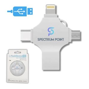Stick USB 512GB, 4-in-1 USB 3.0 + Type-C + MicroUSB + Lightning, Transfer Ultra Rapid, Plug & Play, Backup Foto si Video, Compatibil Android, iPhone, Laptop si Tableta, Carcasa Metalica, Rezistent la Apa, Socuri si Raze X, Argintiu