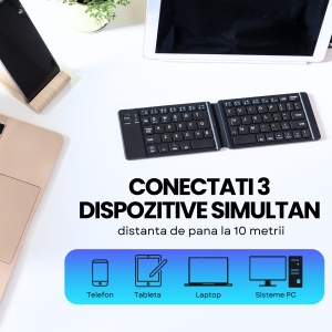 Tastatura Pliabila Universala, conectare Bluetooth, fara fir, compatibila Windows / Android / IOS / Sisteme PC / Laptop / Tableta, Negru - Img 3
