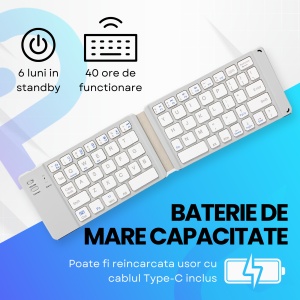 Tastatura Pliabila Universala, conectare prin Bluetooth, fara fir, compatibila Windows / Android / IOS /Sisteme PC / Laptop / Tableta, Argintiu - Img 4