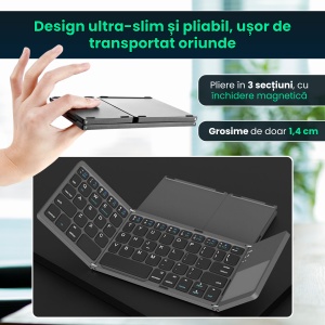 Tastatura pliabila universala cu touchpad integrat, Bluetooth 3.0, fara fir, ultra slim, compatibila cu Windows/Android/iOS/Smart TV, Negru - Img 3