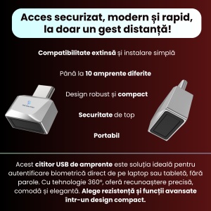 Cititor de amprente USB-C model U10, securitate avansata, carcasa metalica, recunoastere amprenta 360°, inregistrare pana la 10 amprente, portabil, compatibil Android si IOS, format compact, plug & play, gri - Img 2