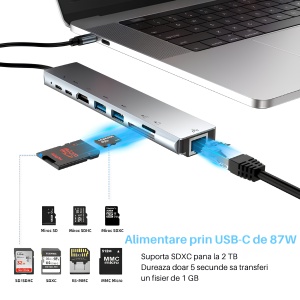 Hub Adaptor Multiport 8 in 1, USB-C 3.1, 4K HDMI Output, LAN RJ45 Ethernet (100 MB/S), 2 x USB 3.0, Power Delivery Port 87 W, TF si SD Card Reader, Docking Station pentru Laptop, MacBook Air/Pro, Chromebook, Tableta, Gri - Img 2