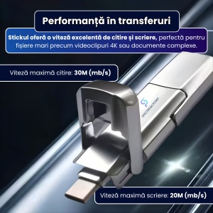 Stick de memorie 2 in 1 USB + Type-C, 256 GB, SpectrumPoint, interfata duala, pentru telefon/laptop/PC/tableta, design metalic minimalist, performanta in transferuri, capac protectie, compatibil universal, portabil si rezistent, argintiu - Img 5