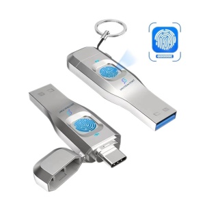 Stick USB 16 GB, USB 3.0 + Type-C, Criptare Amprenta, Recunoastere 360°, Carcasa Metalica, Compatibil Laptop si Telefon, Plug & Play, Argintiu