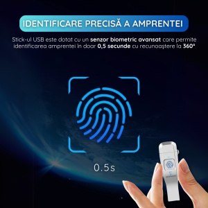Stick USB 16 GB, USB 3.0 + Type-C, Criptare Amprenta, Recunoastere 360°, Carcasa Metalica, Compatibil Laptop si Telefon, Plug & Play, Argintiu - Img 3