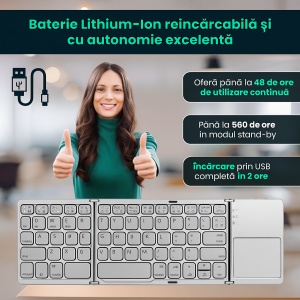 Tastatura pliabila universaa cu touchpad integrat, Bluetooth 3.0, fara fir, ultra slim, compatibila cu Windows/Android/iOS/Smart TV, Argintiu - Img 3