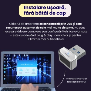Cititor de amprente USB model U6, recunoastere instanta, citire 360°, pana la 10 amprente, securitate biometrica avansata, conectivitate USB, compatibil cu Windows si Android, design compact, carcasa metalica, instalare plug & play, gri - Img 5